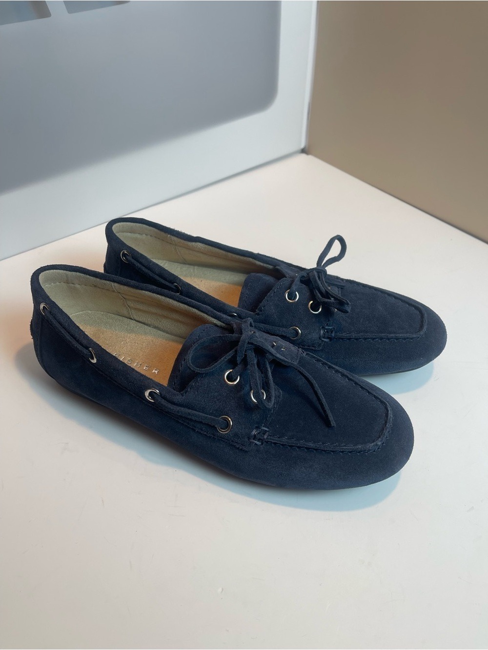 Marc Fisher Uleena Suede Leather Boat Shoe Navy Blue Sz 7.5 Nautical Coastal